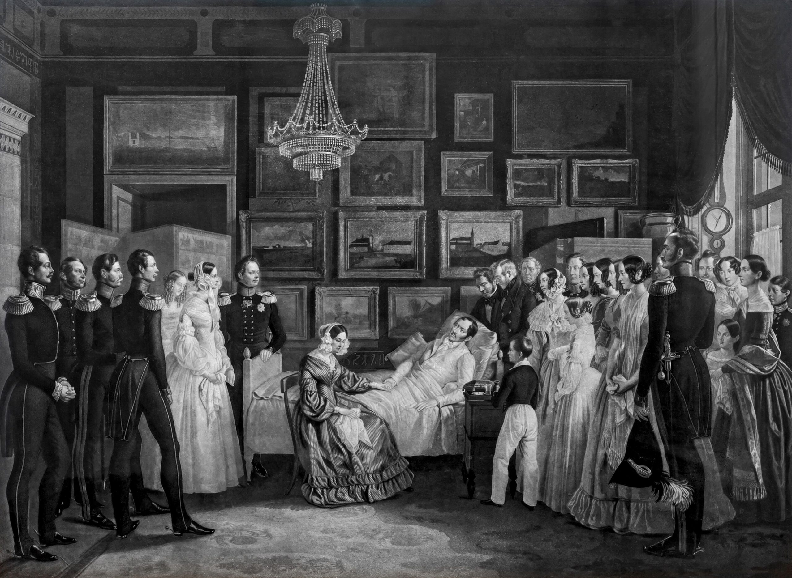 Die letzten Augenblicke König Friedrich Wilhelms III., am 7. Juni 1849; Lithographie Alexandre Vincent Sixderniers n. Julius Schoppe, BHZ, Foto Roland Beck