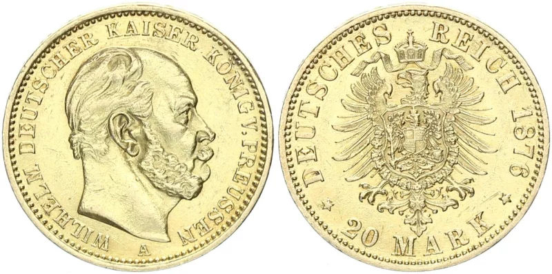 Zwanzig Goldmark von 1876 mit dem Reliefporträt Kaiser Wilhelms I. (Avers) und dem Reichsadler (Revers), HBHZ, Foto R. Beck