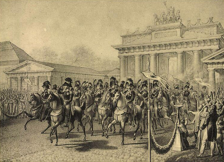 Einzug König Friedrich Wilhelms III. durch das Brandenburger Tor am 7. August 1814, Lithographie n. L. Wolf, HABHZ, Foto Roland Beck