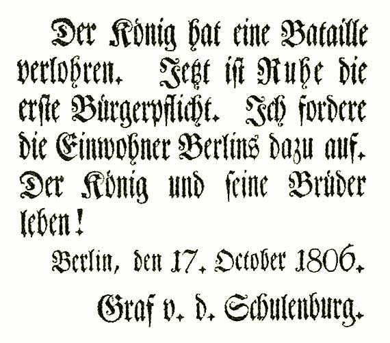 Flugblatt der Berliner Kommandantur, Druck 1806, HABHZ, Foto S. Schimmel