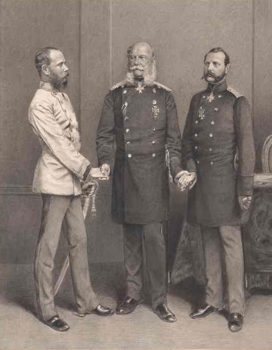 Dreikaiserabkommen zwischen Kaiser Franz Joseph I., Kaiser Wilhelm I. und Kaiser Alexander II. (v.l.n.r.) am 22. Oktober 1873 in Schönbrunn, Lithographie eines unbekannten Künstlers, HABHZ, Foto R. Beck