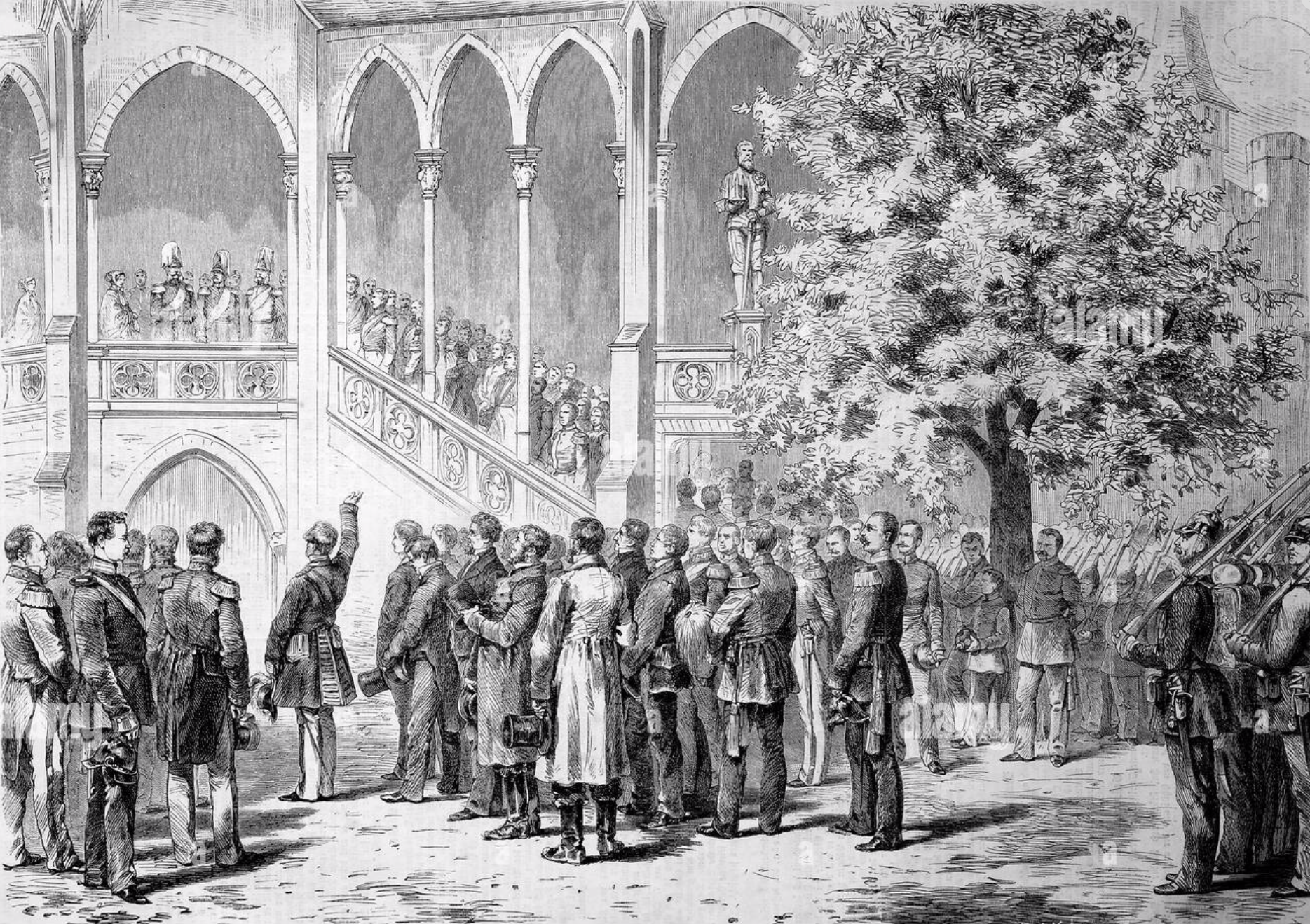 Rede von Graf Stillfried vor König Wilhelm I. anlässlich der Einweihung der Burg Hohenzollern am 3. Oktober 1867, Holzschnitt, HABHZ, Foto R. Beck