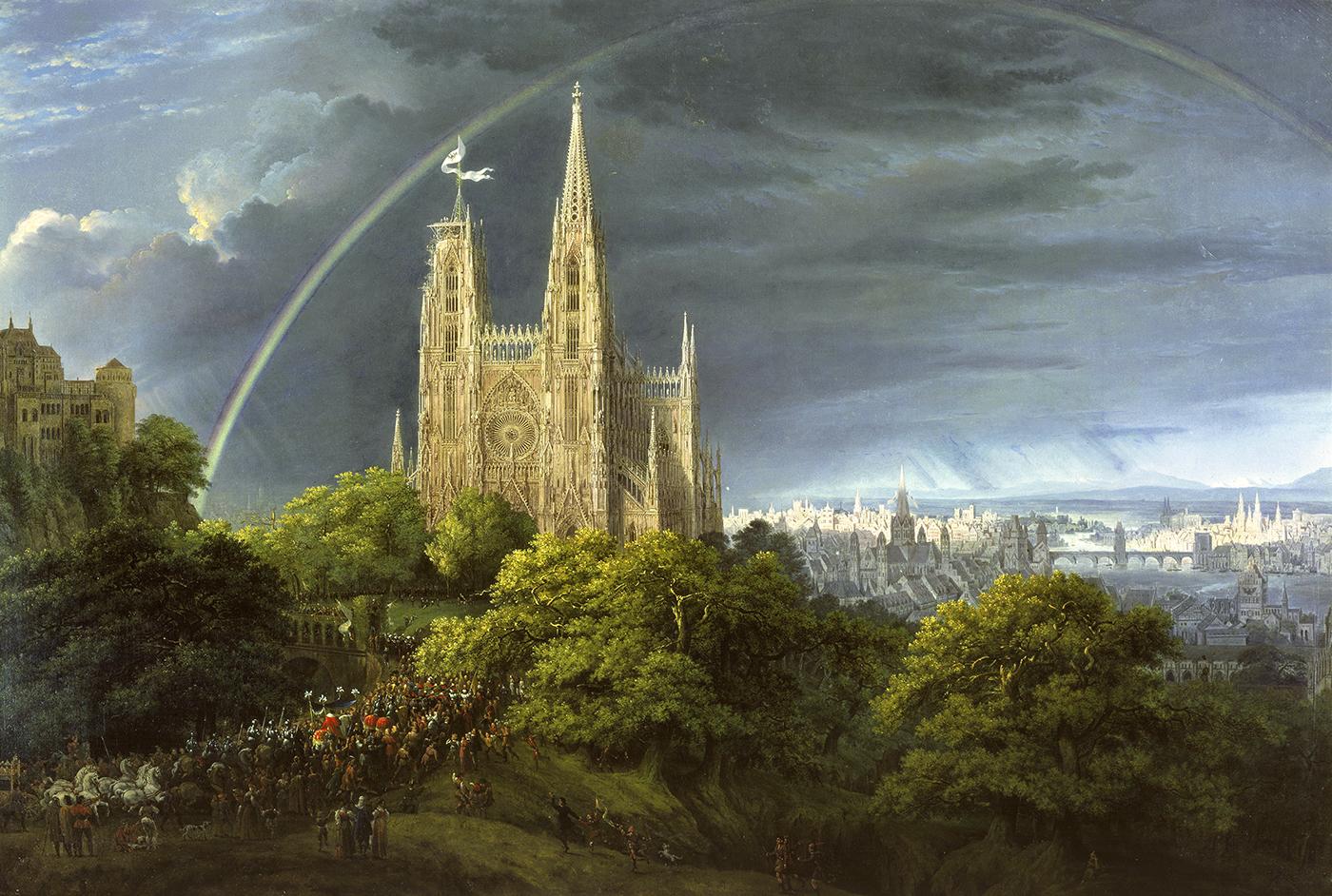 Karl Friedrich Schinkel, Mittelalterliche Stadt an einem Fluss, Gemälde 1815, SMPK, Alte Nationalgalerie, Foto Unbekannt