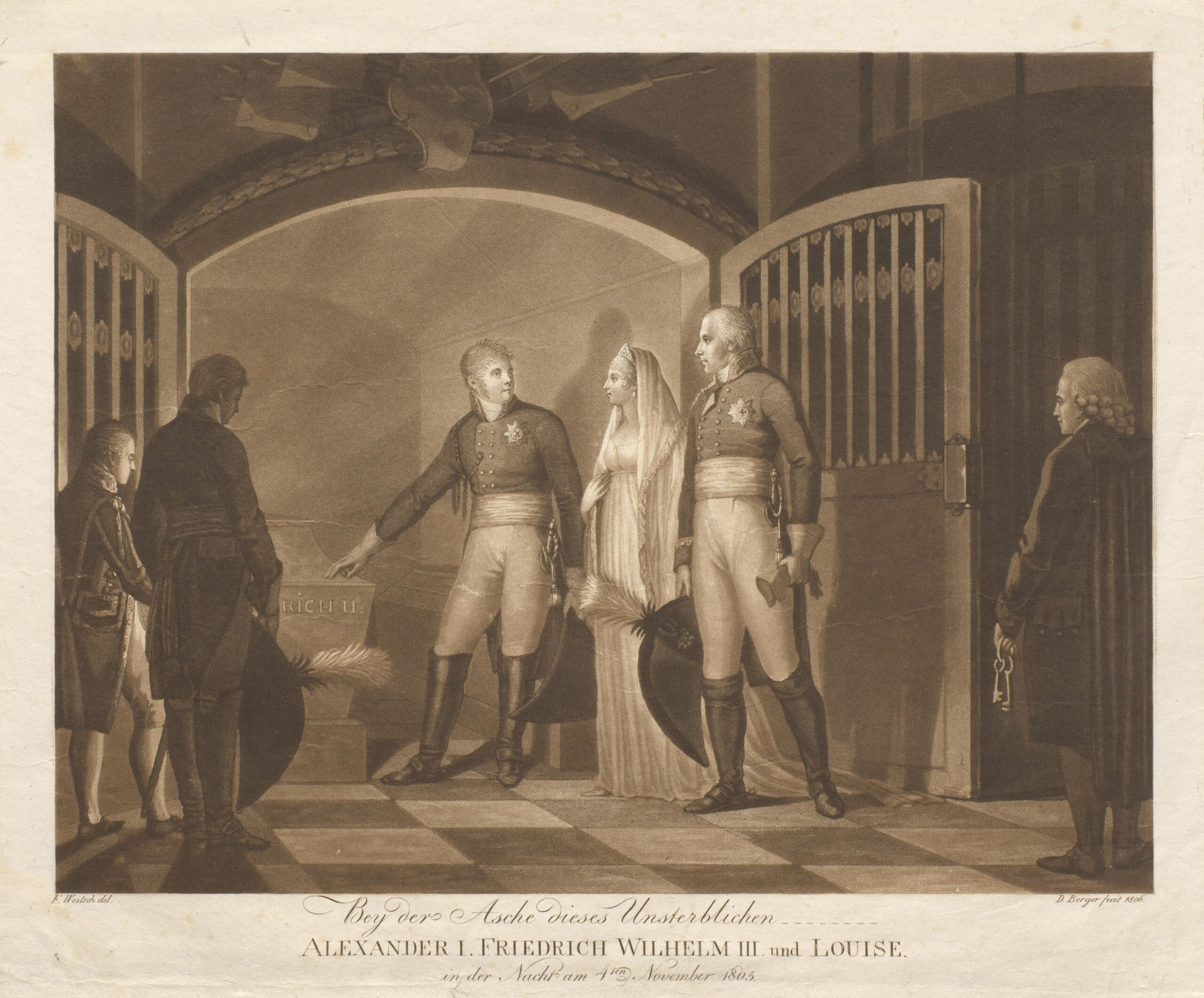 Abschied Kaiser Alexanders I. von König Friedrich Wilhelm III. und Königin Luise am Sarg Friedrichs des Großen, Stich von D. Berger nach F. Weitsch 1806, BHZ, Foto R. Beck