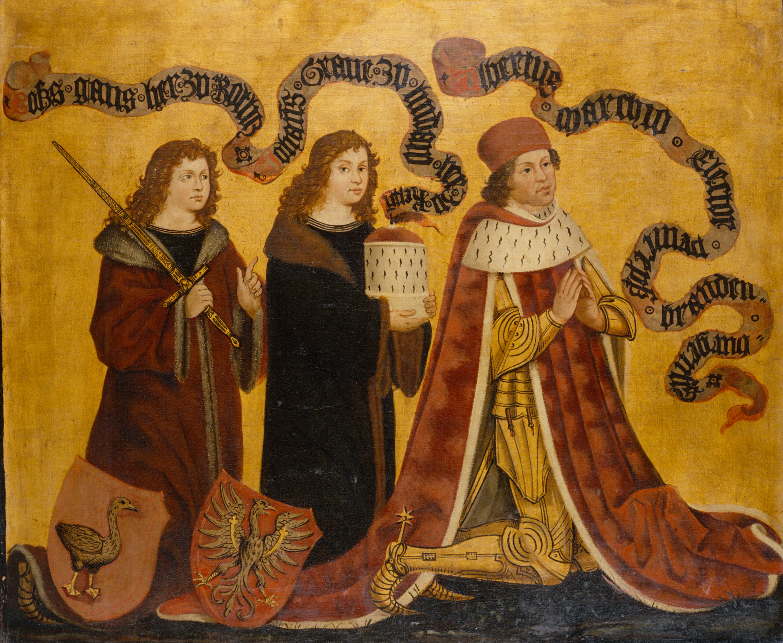 Kurfürst Albrecht Achilles von Brandenburg mit Graf Lindau und Herrn von Putkamer, Fränkisch 15. Jh. (Teilkopie aus dem Schwanenordensaltar); SPSG, Foto R. Handrick