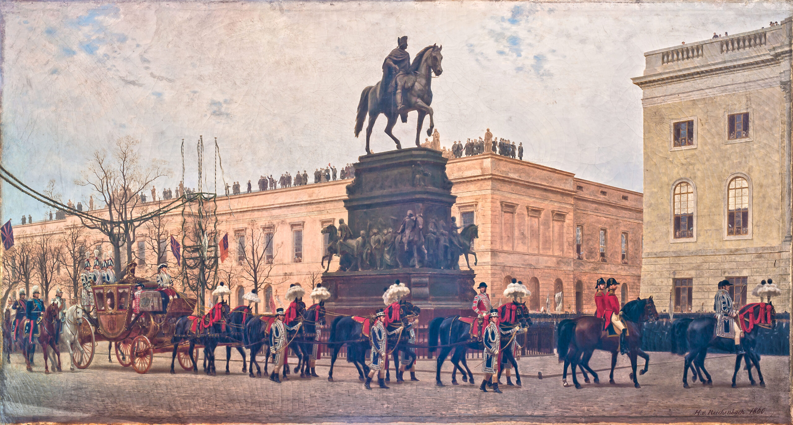 Einzug von Prinz Friedrich (III.) Wilhelm von Preußen und Victoria Princess Royal von Großbritannien und Irland 1858 in Berlin, Gemälde von Hugo von Reichenbach 1860; BHZ, Foto R. Beck