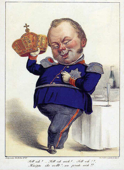 Karikatur auf die Ablehnung der Kaiserkrone durch König Friedrich Wilhelm IV., Holzschnitt 1849, HABHZ, Foto R. Beck